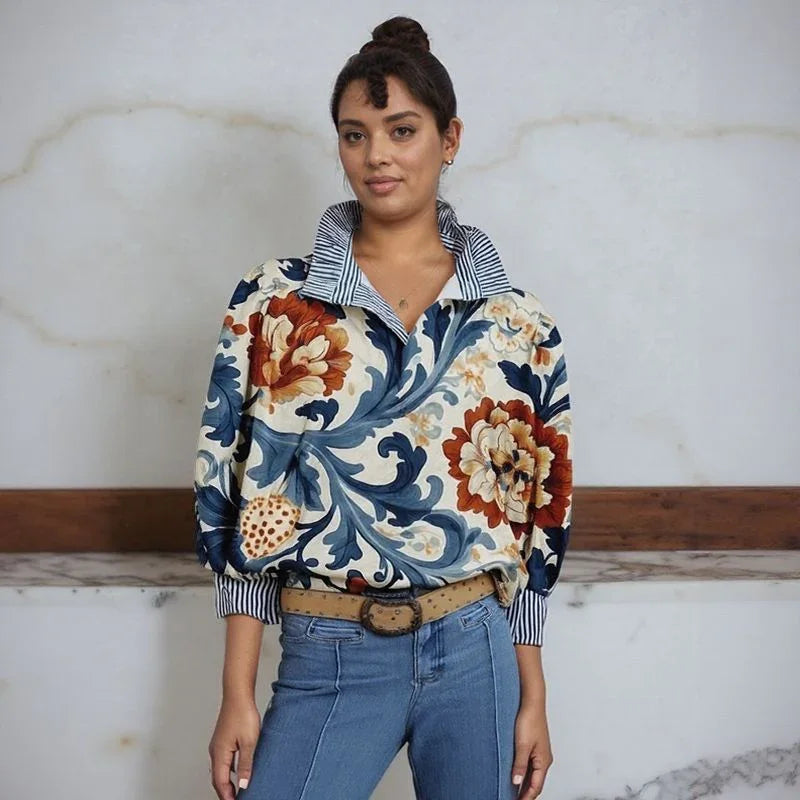 Allura™ Blouse with Striped Shirt Collar and Riviera-inspired Artistic Print / Where Casual Style Meets Artisanal Refinement!