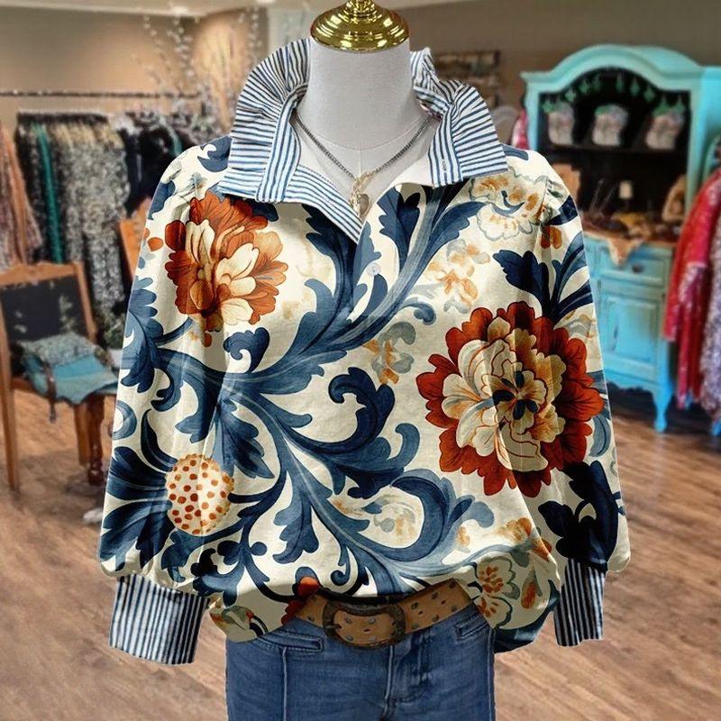 Allura™ Blouse with Striped Shirt Collar and Riviera-inspired Artistic Print / Where Casual Style Meets Artisanal Refinement!