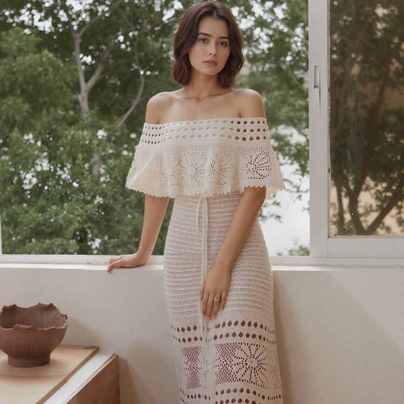 Santorini™ Set in Handcrafted Crochet with Off-the-Shoulder Top / A Touch of Mediterranean Romance with Luxurious Finishing