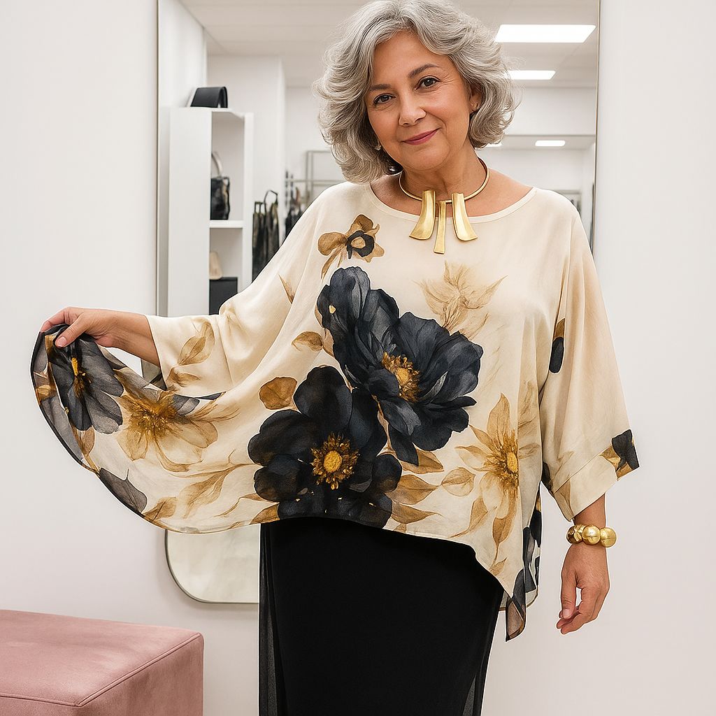 GoldLine™ Blouse with Stunning Floral Print and Wide Sleeves / Timeless Sophistication in Every Movement!