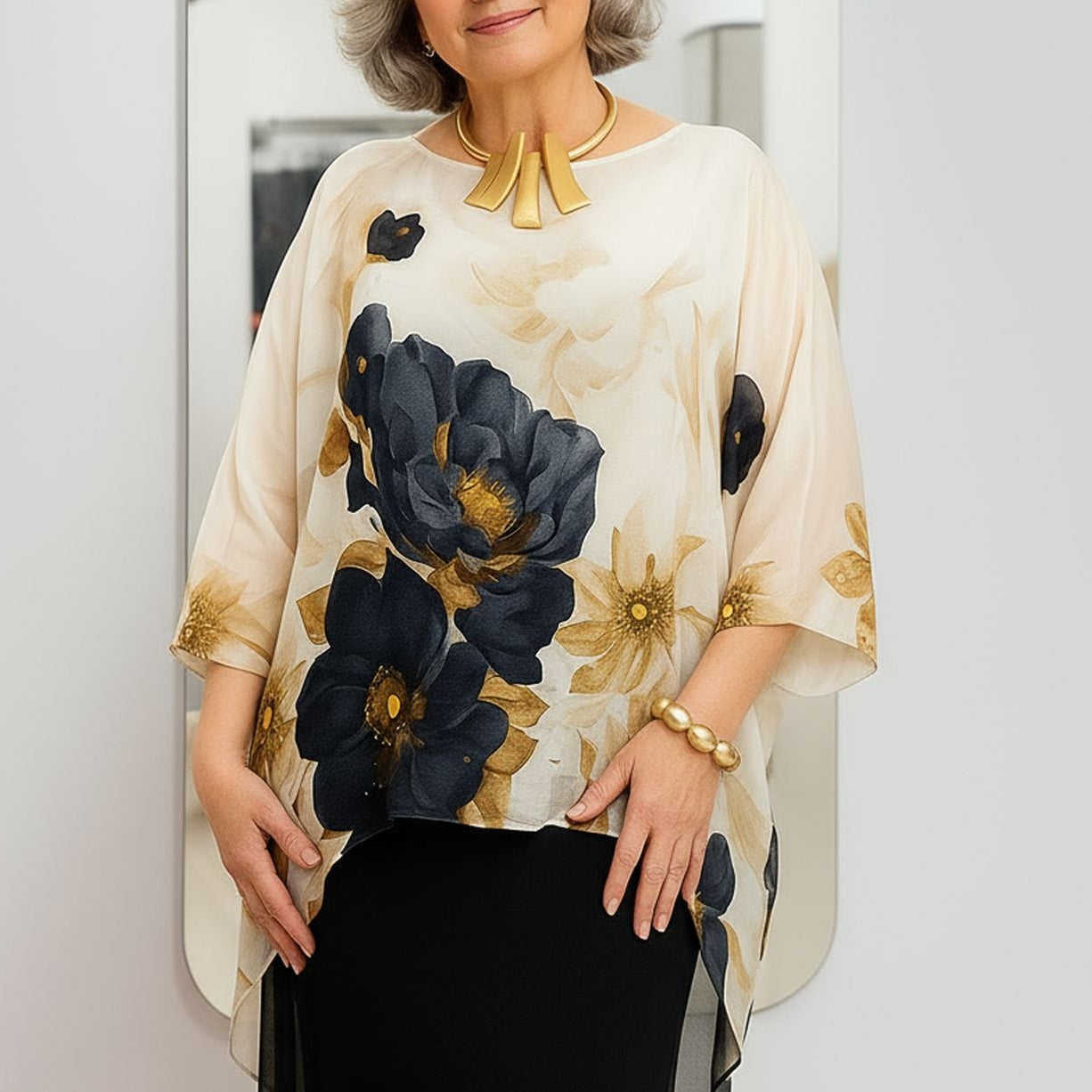 GoldLine™ Blouse with Stunning Floral Print and Wide Sleeves / Timeless Sophistication in Every Movement!