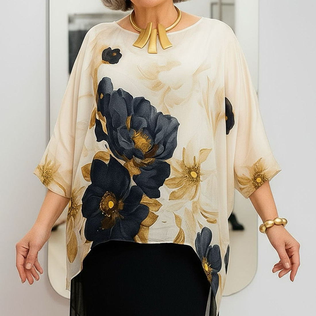 GoldLine™ Blouse with Stunning Floral Print and Wide Sleeves / Timeless Sophistication in Every Movement!