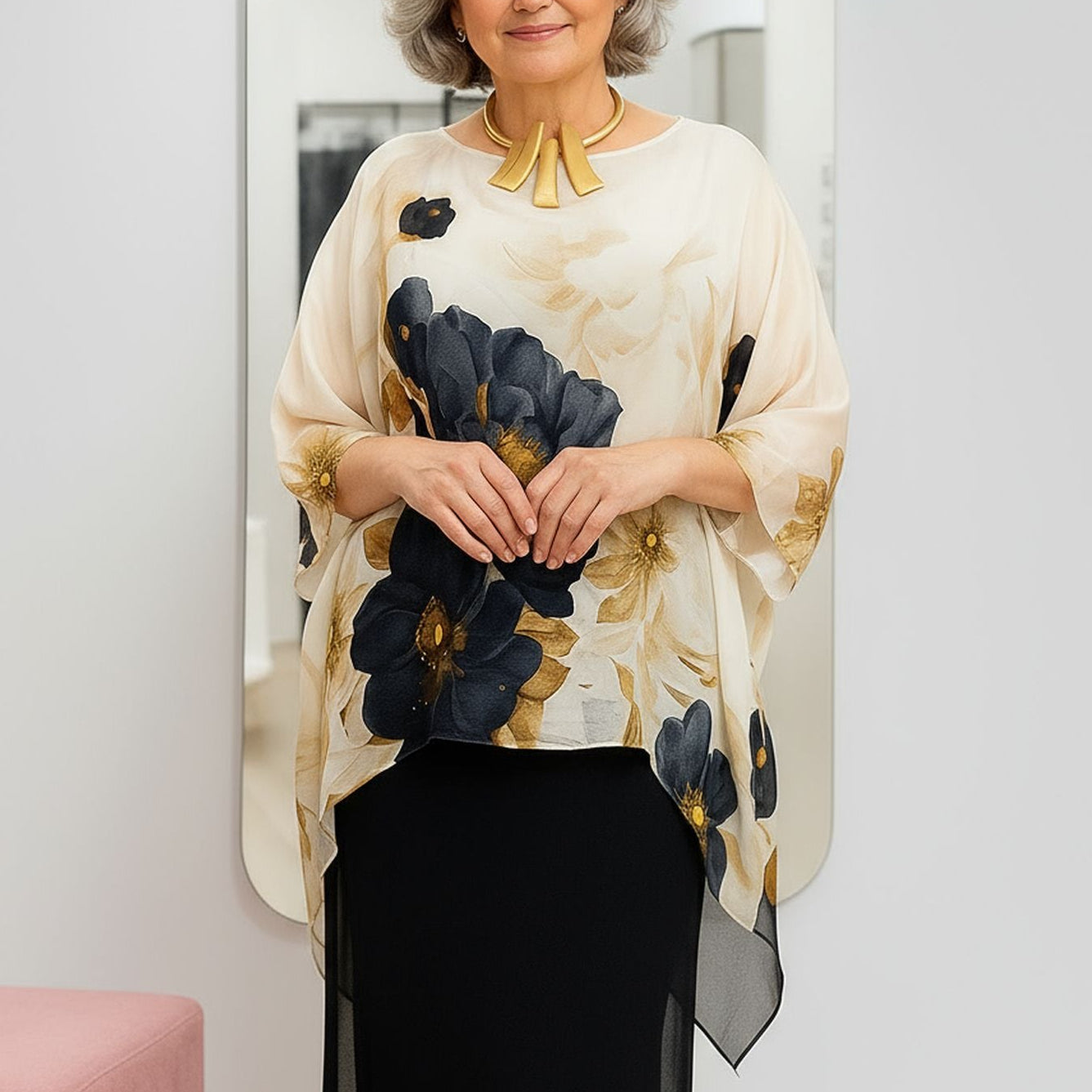 GoldLine™ Blouse with Stunning Floral Print and Wide Sleeves / Timeless Sophistication in Every Movement!