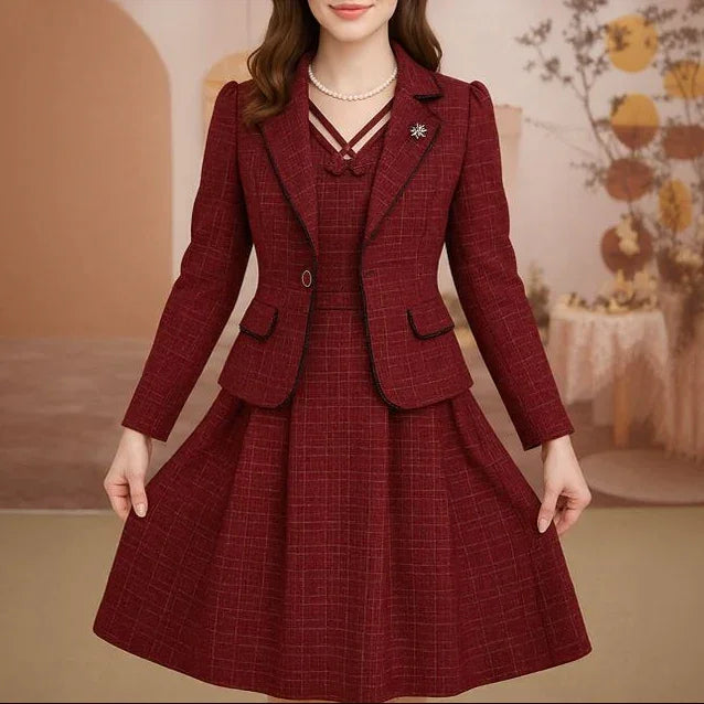 Victoire™ Set with Structured Blazer & Dress with Ornamental Neckline / Presence, Style & Timeless Sophistication!