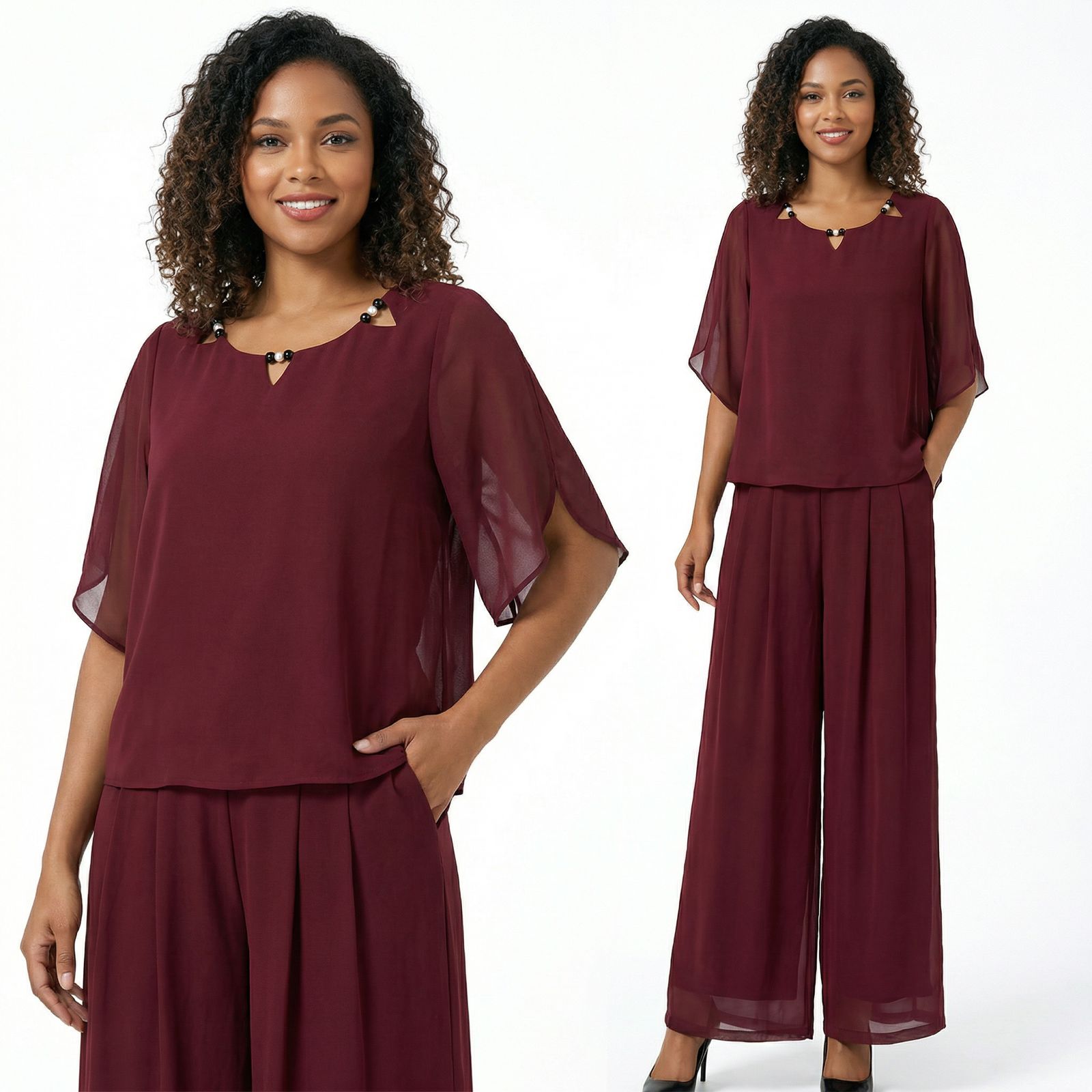 Elara™ Poplin Set with Refined Neckline Blouse and Elegant Long Pants
