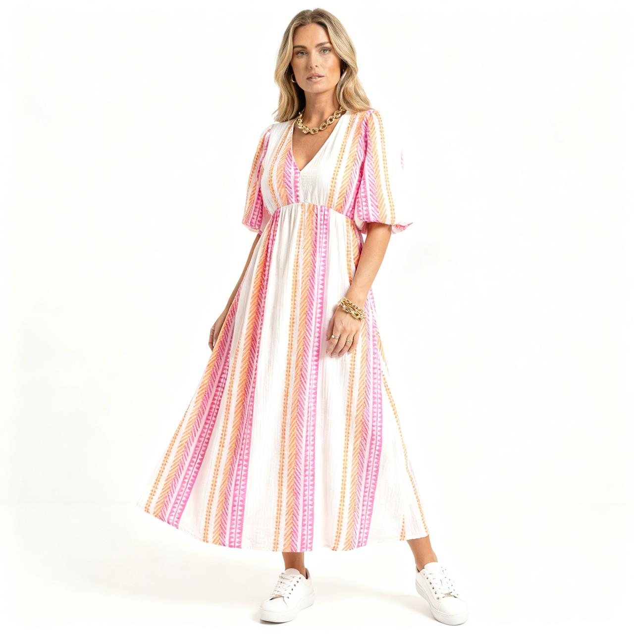 Valeria™ Lightweight Viscose Dress with V-Neck and Flowing Sleeves