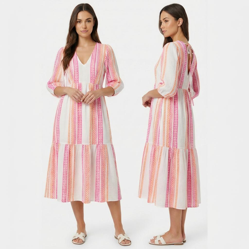 Valeria™ Lightweight Viscose Dress with V-Neck and Flowing Sleeves