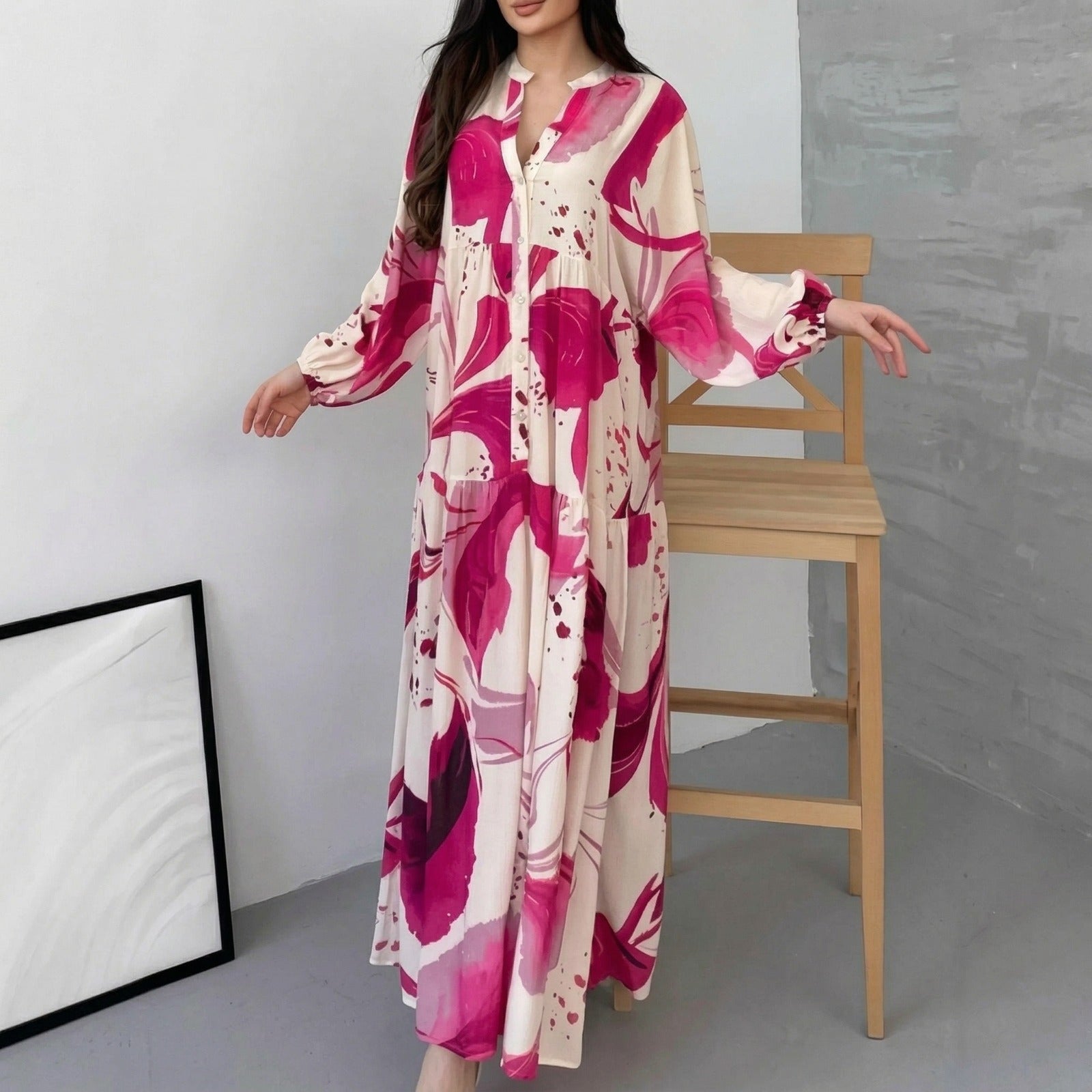 Marrakech™ Long Dress with Artistic Prints and Puff Sleeves