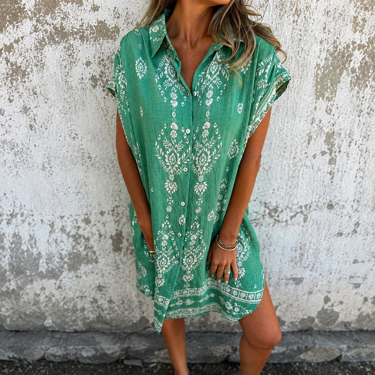 Zahara™ Cotton Linen Midi Dress with Front Button Detail