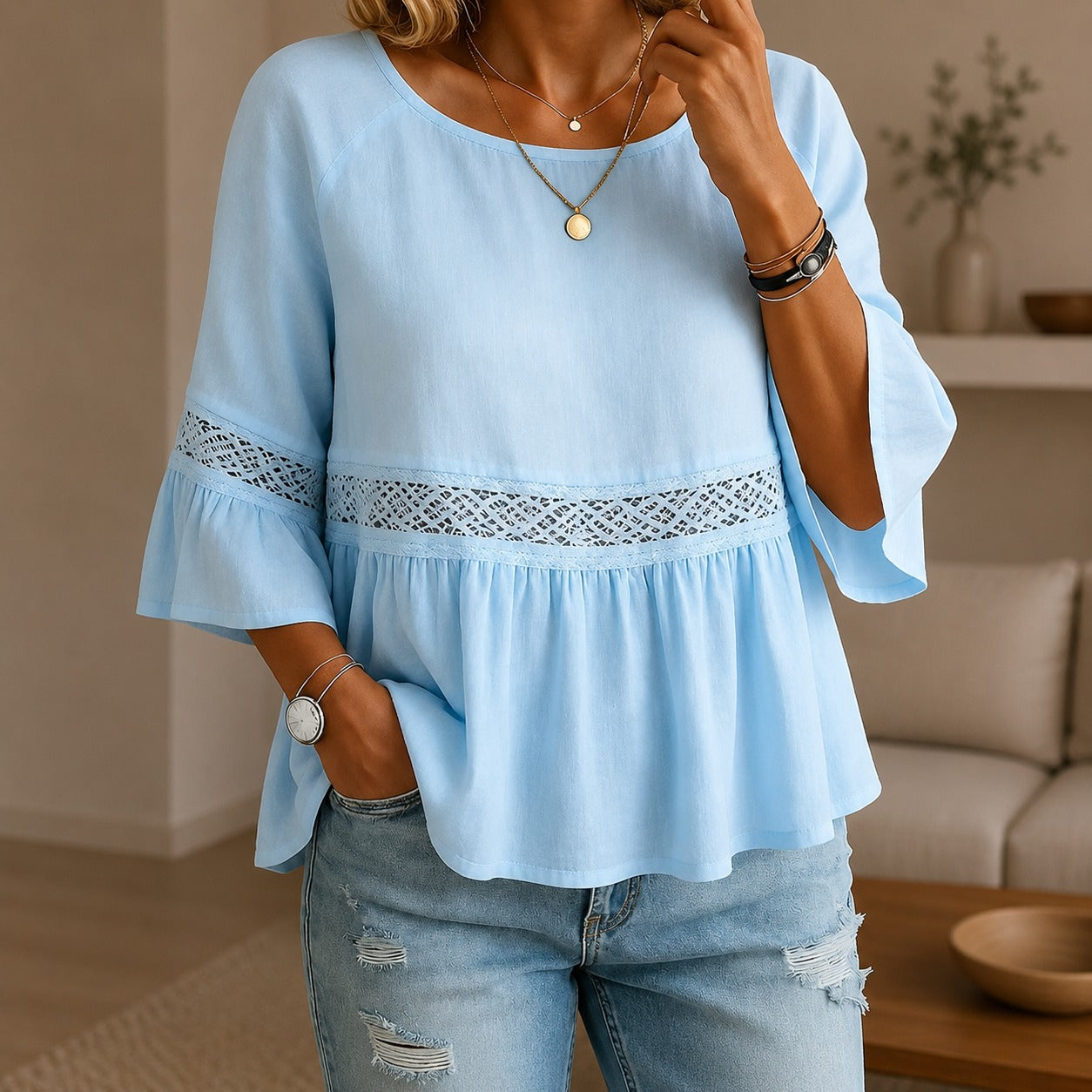 Aitana™ Blouse with Delicate Lace Details and Flared Sleeves
