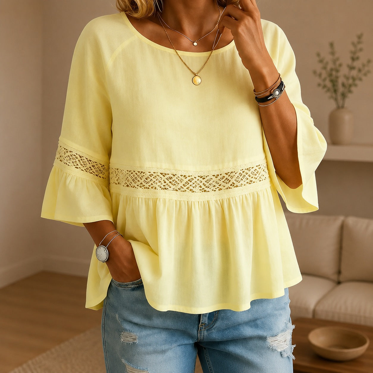 Aitana™ Blouse with Delicate Lace Details and Flared Sleeves