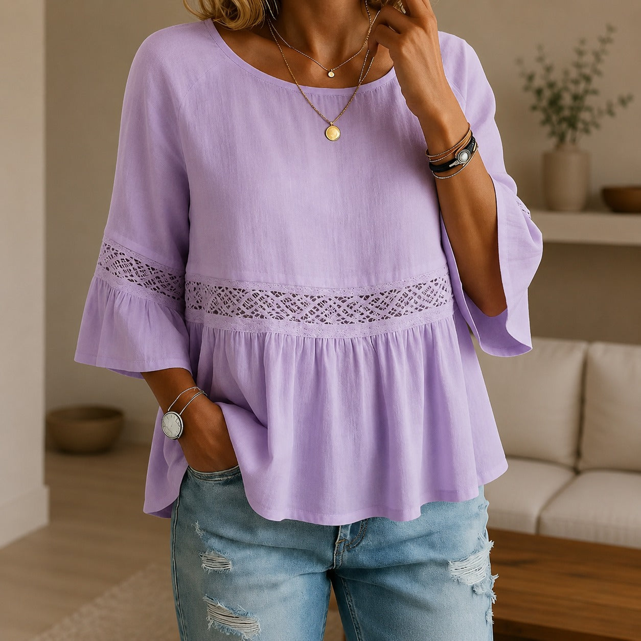 Aitana™ Blouse with Delicate Lace Details and Flared Sleeves