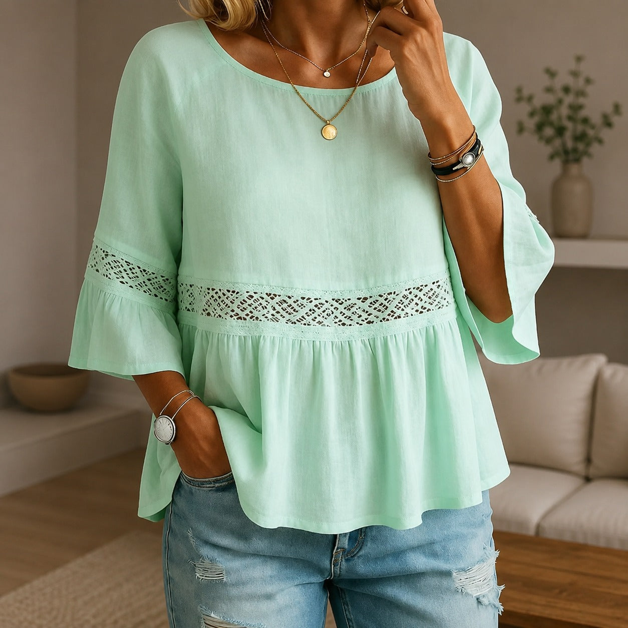 Aitana™ Blouse with Delicate Lace Details and Flared Sleeves