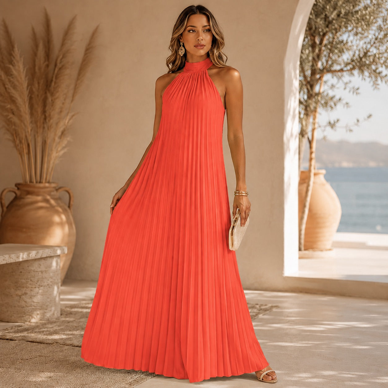 Sicilia™ Maxi Dress with Elegant Pleats and a Sleeveless High Neck