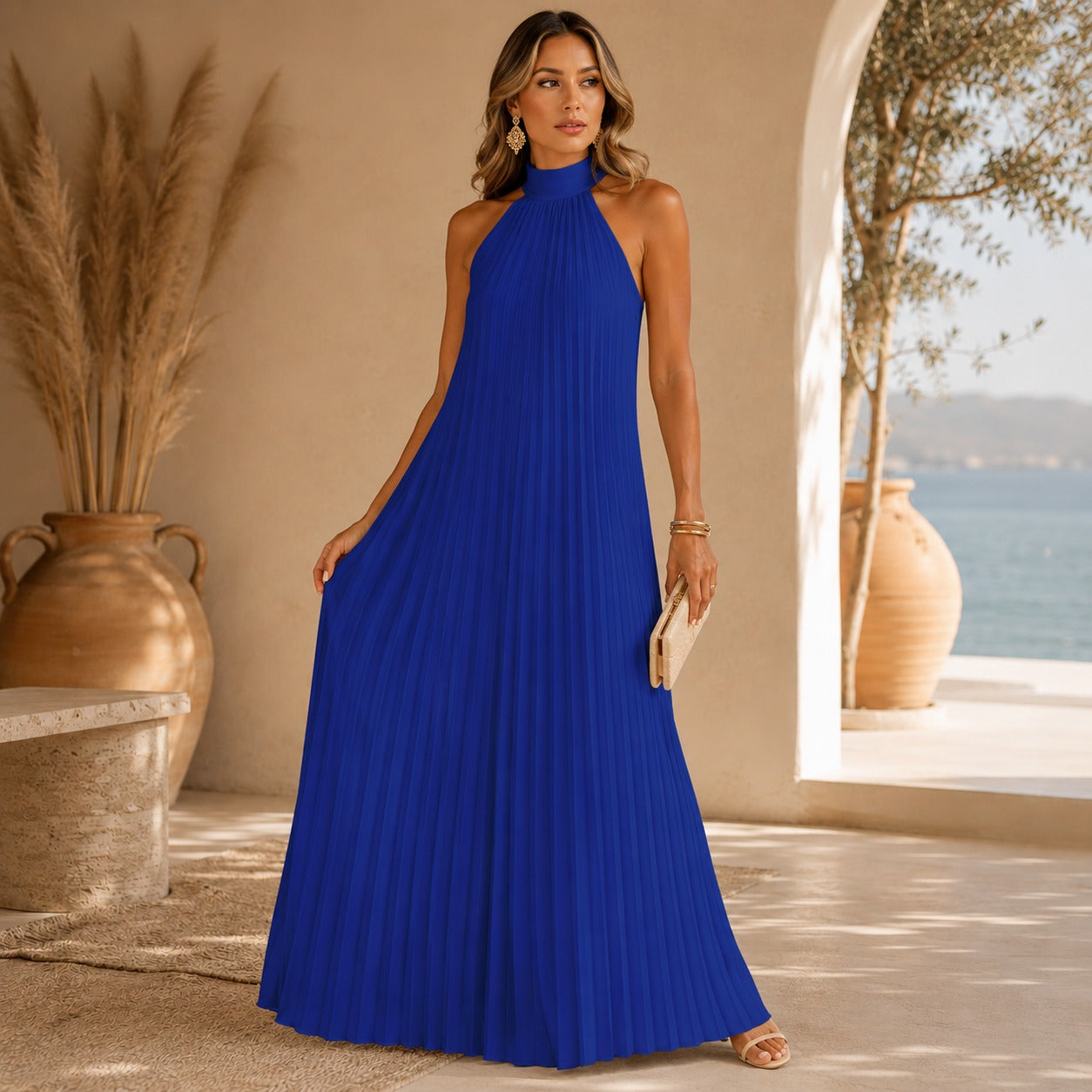 Sicilia™ Maxi Dress with Elegant Pleats and a Sleeveless High Neck