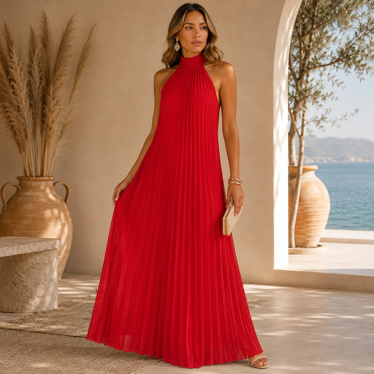 Sicilia™ Maxi Dress with Elegant Pleats and a Sleeveless High Neck