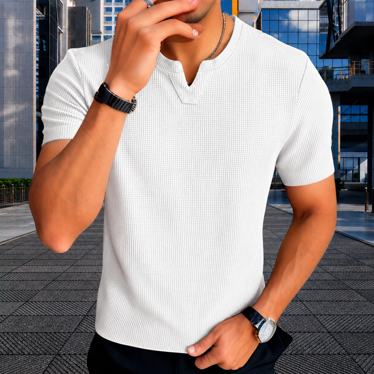 Matthew™ Textured Knit T-Shirt with Notched V-Neck