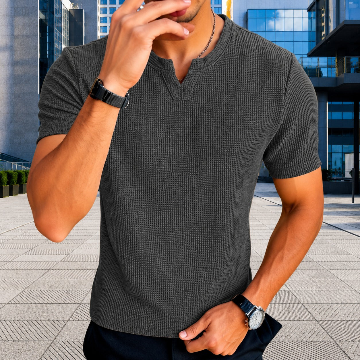 Matthew™ Textured Knit T-Shirt with Notched V-Neck