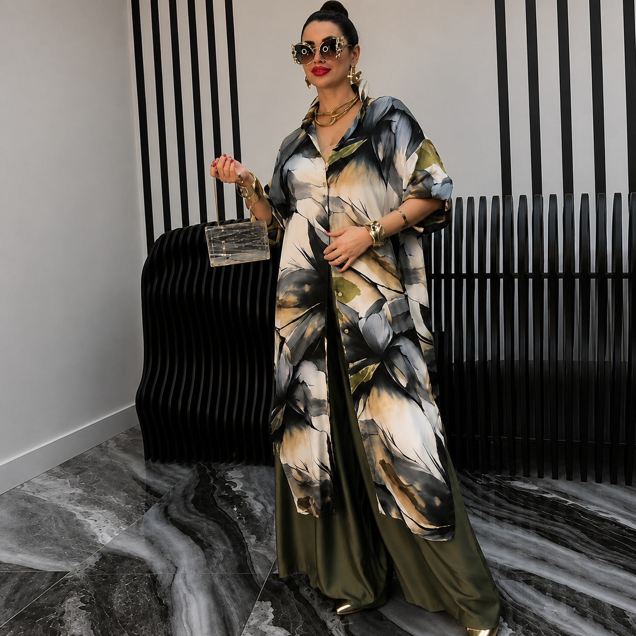 Odette™ Printed Long Cardigan Set with Wide-Leg Pants