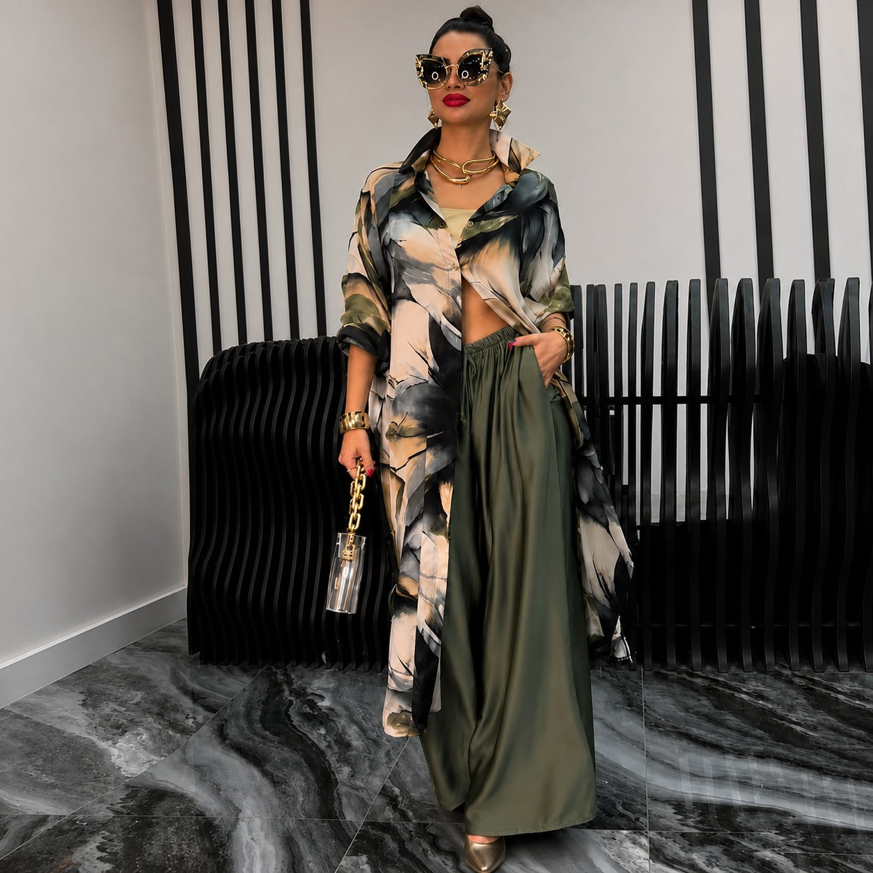 Odette™ Printed Long Cardigan Set with Wide-Leg Pants