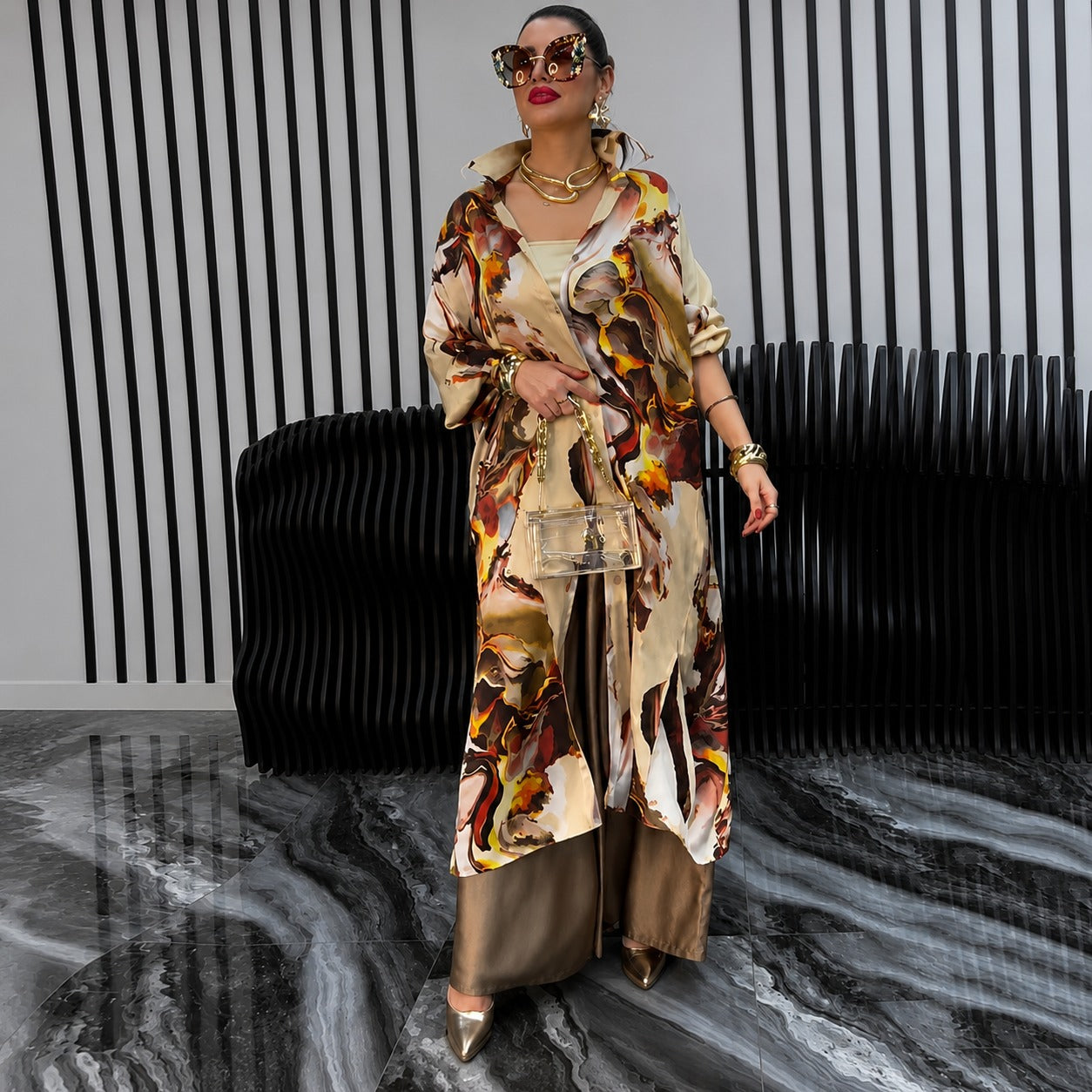 Odette™ Printed Long Cardigan Set with Wide-Leg Pants