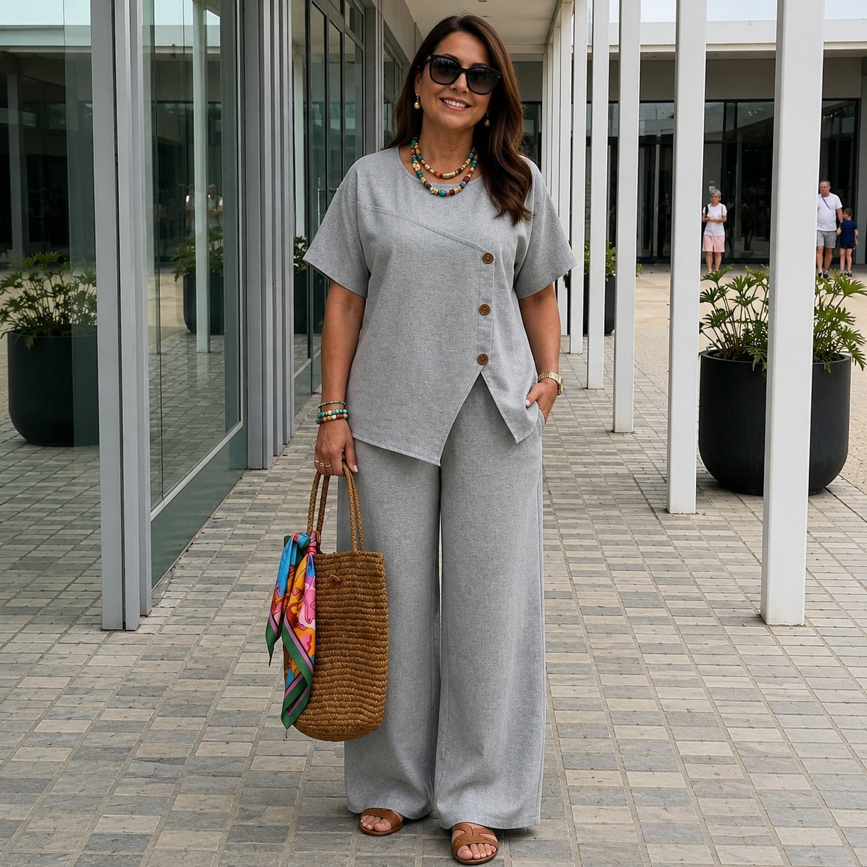 Savena™ Set with an Asymmetrical Top, Front Buttons & High-Waisted Palazzo Pants