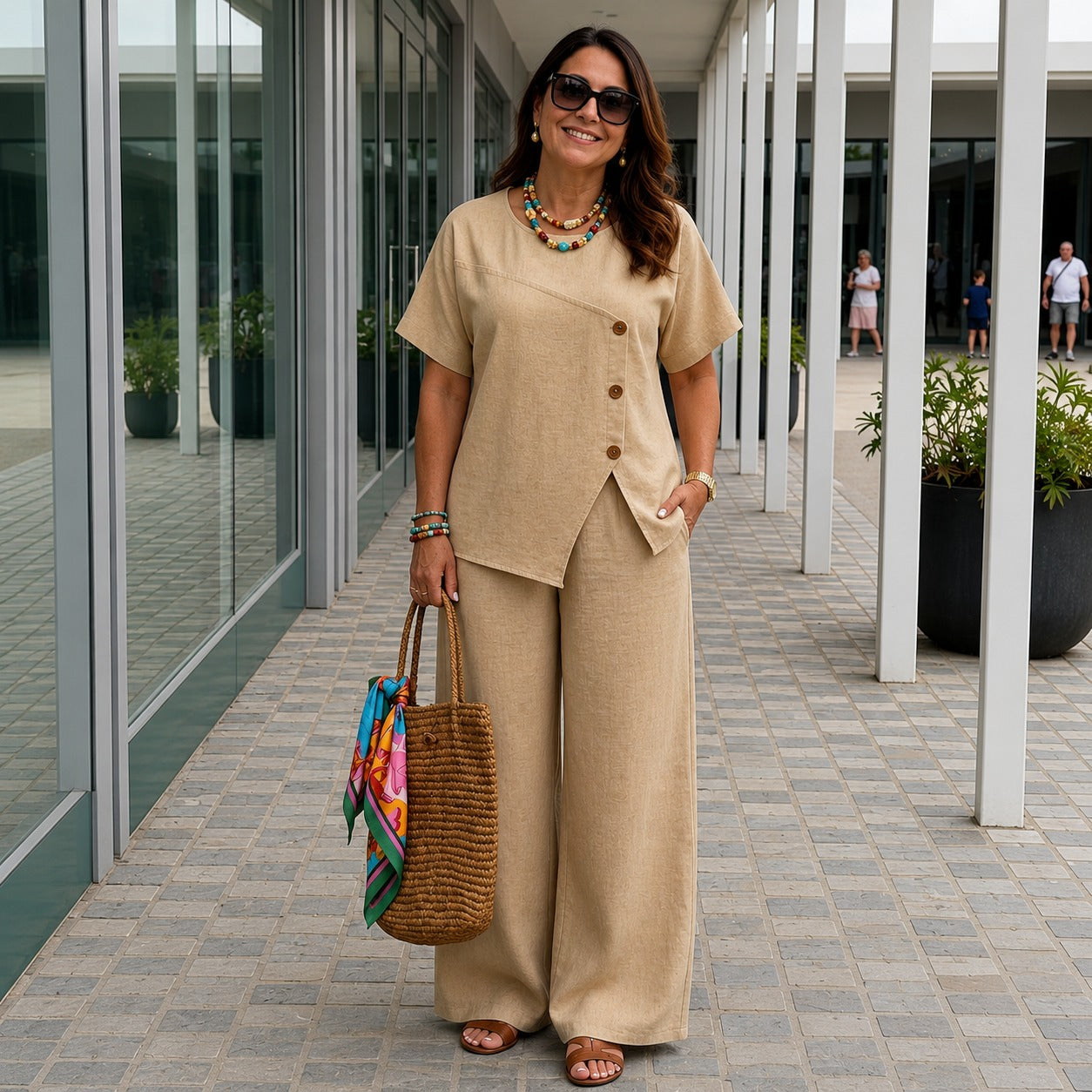 Savena™ Set with an Asymmetrical Top, Front Buttons & High-Waisted Palazzo Pants