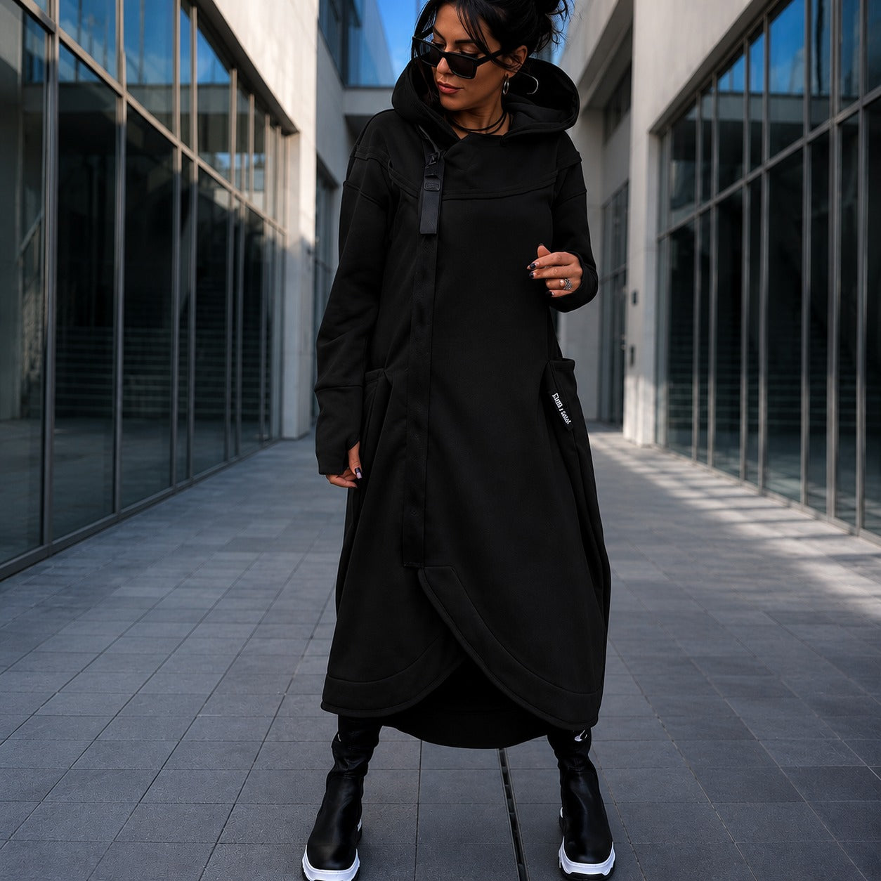 Sweatshirt Dress Maelis™ with Asymmetrical Zipper, Hood and Thumbhole Cuffs