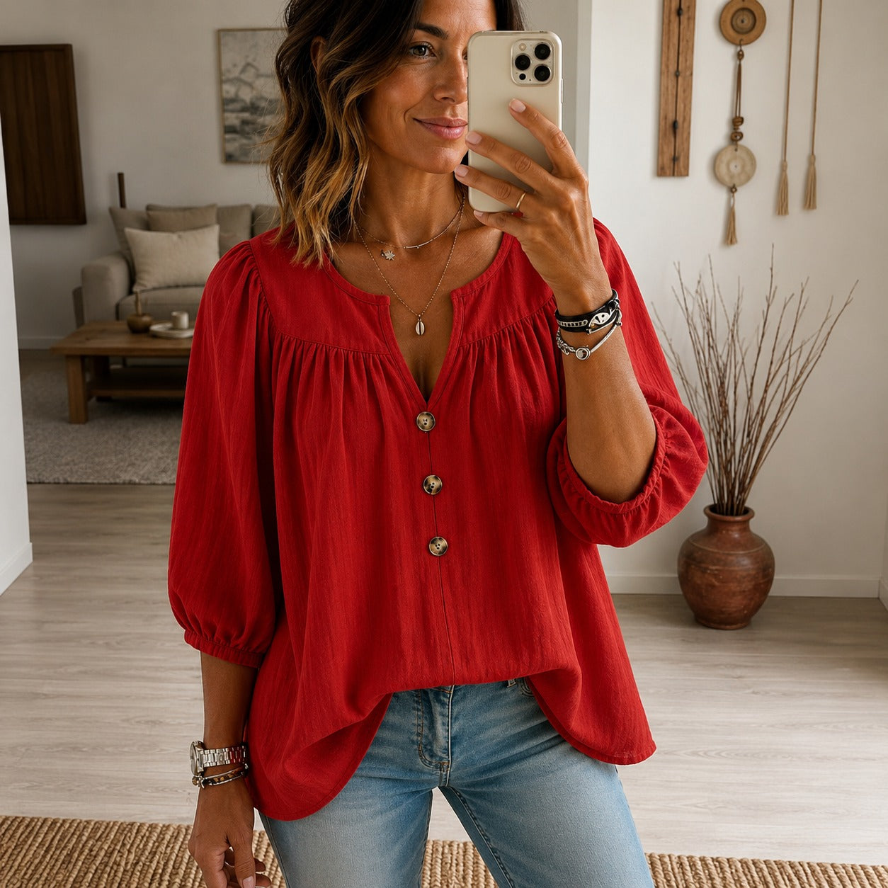 Blouse Noemi™ with Button-Front, Puff Sleeves and Split Neckline