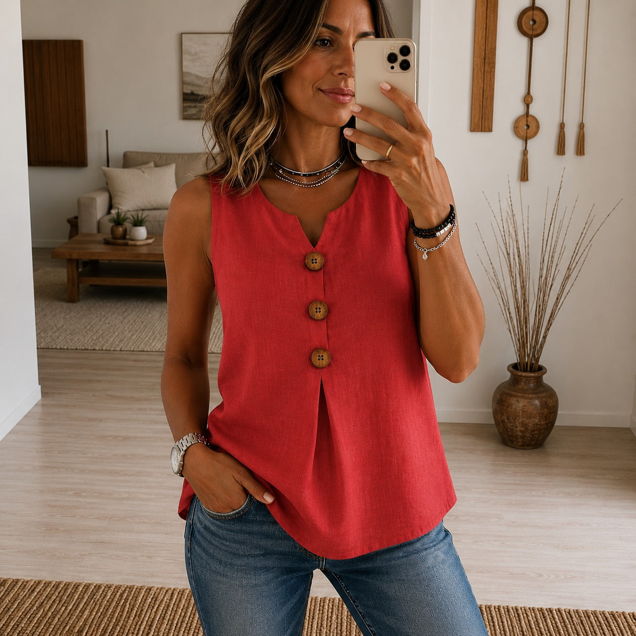 Blouse Ellie™ with Sleeveless Cut, V-Neck and Decorative Button-Front