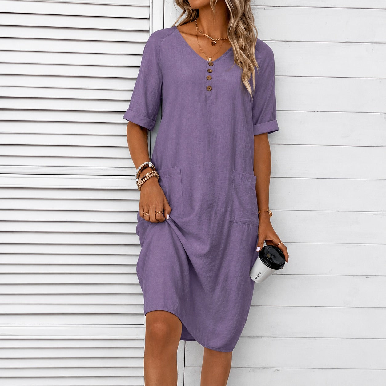Midi Dress Mirelle™ with V-Neck, Front Pockets and Relaxed Fit