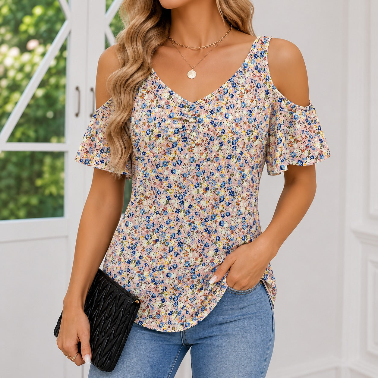 Blouse Arlette™ with Cold-Shoulder Sleeves, V-Neck and Gathered Front