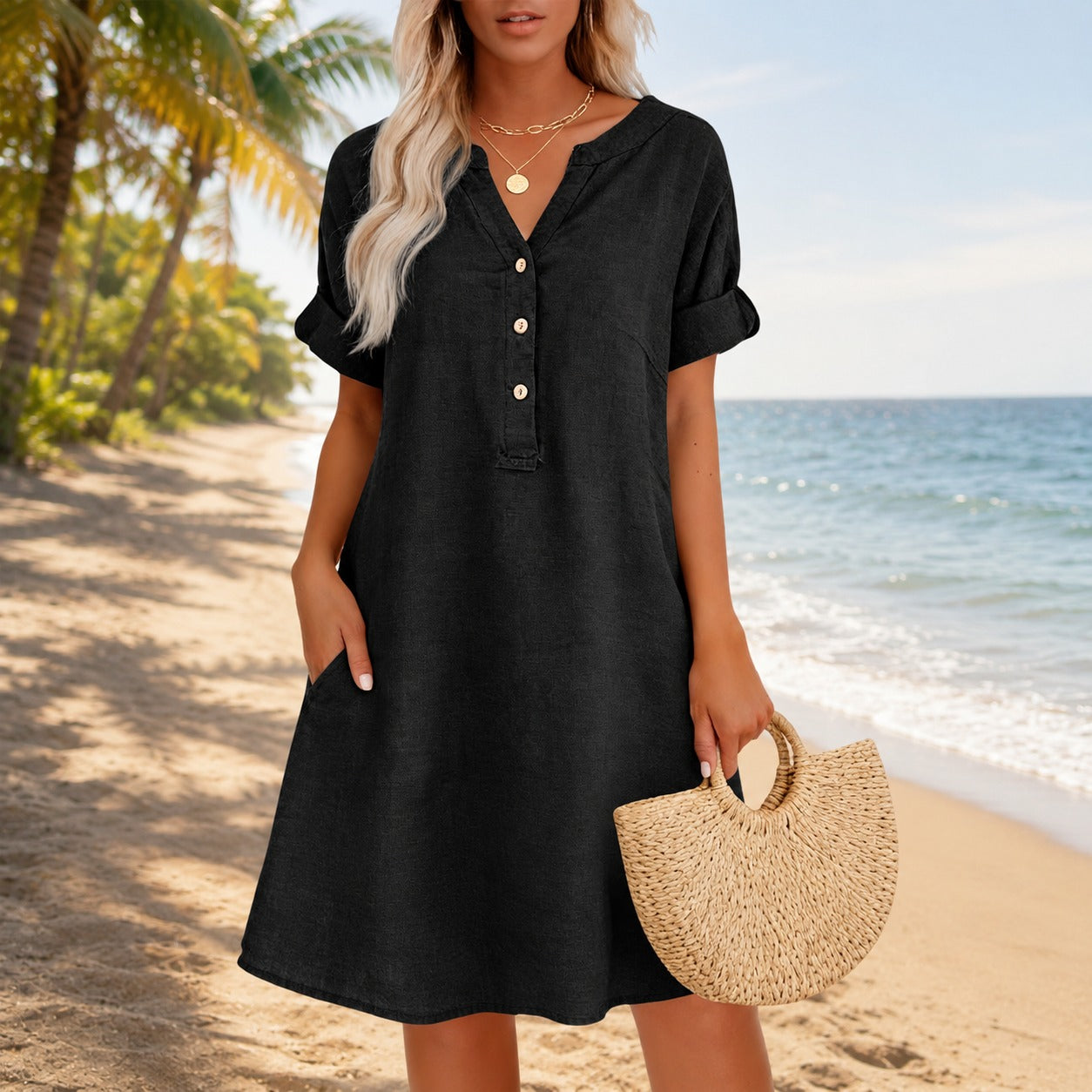 Dress Hadley™ with V-Neck, Button-Front and Side Pockets