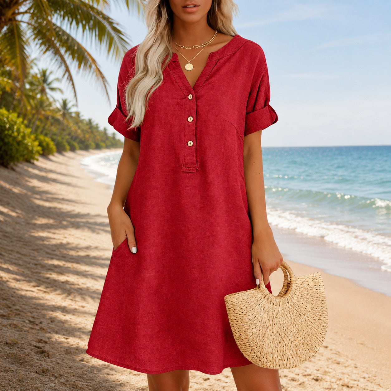 Dress Hadley™ with V-Neck, Button-Front and Side Pockets