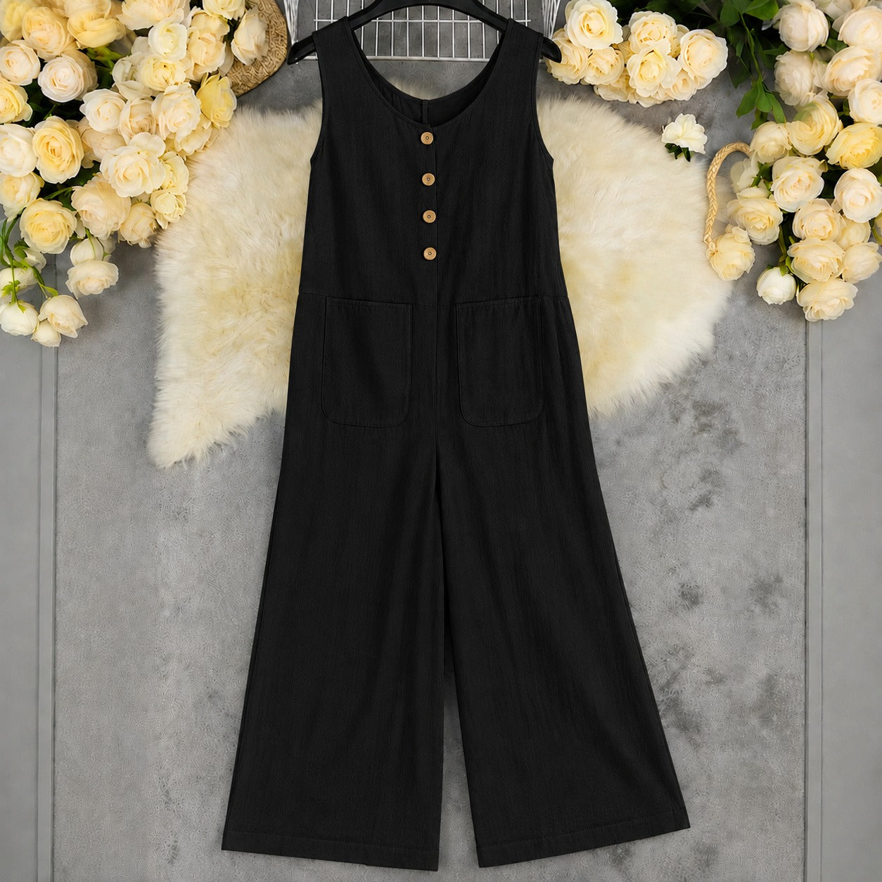 Wide-Leg Ellery™ Jumpsuit with Front Pockets and Round Neck