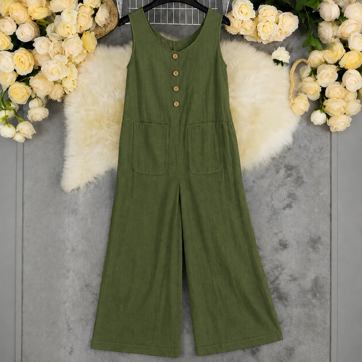 Wide-Leg Ellery™ Jumpsuit with Front Pockets and Round Neck