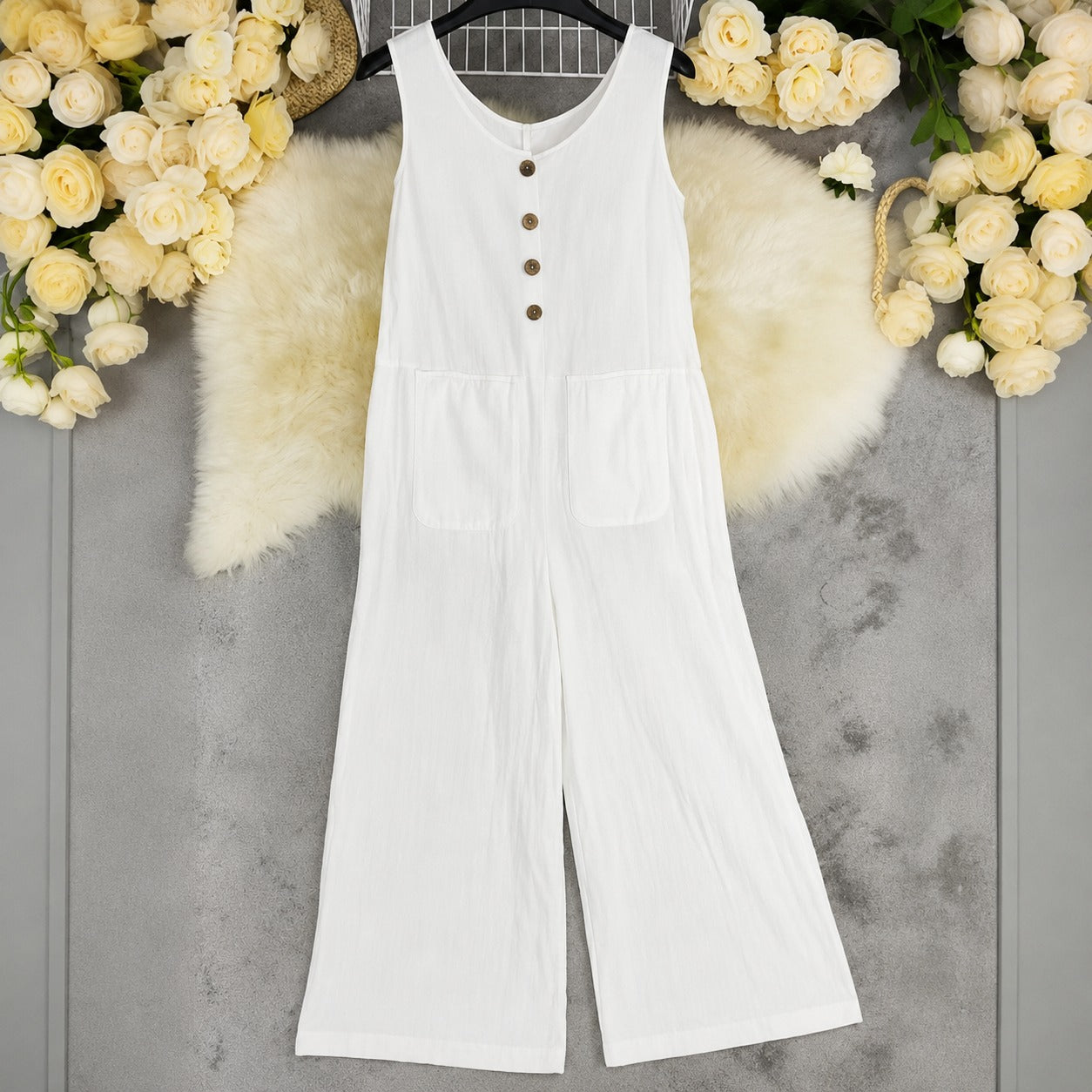 Wide-Leg Ellery™ Jumpsuit with Front Pockets and Round Neck