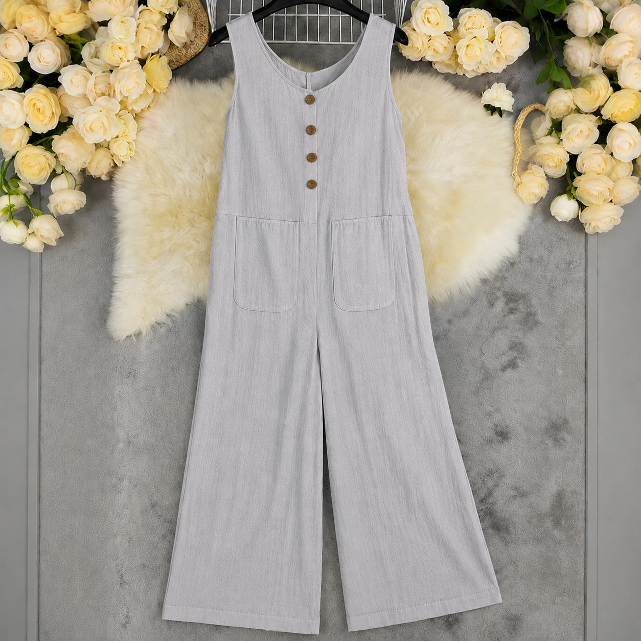 Wide-Leg Ellery™ Jumpsuit with Front Pockets and Round Neck
