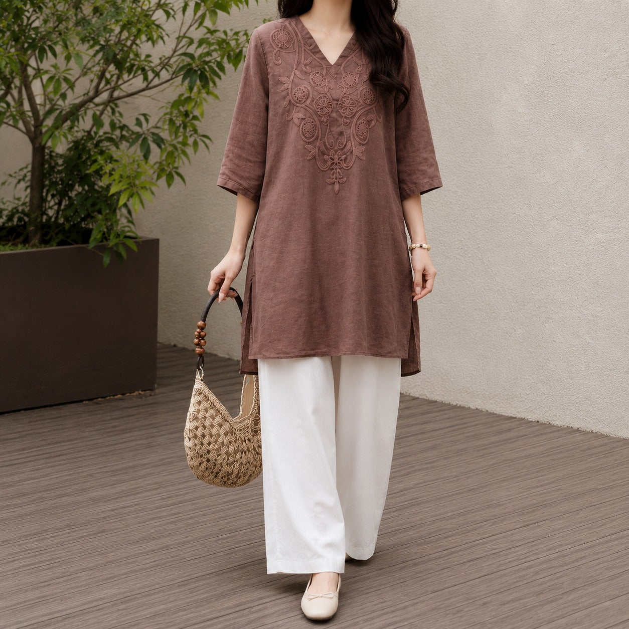 Tunic Dress Caelia™ with Embroidered V-Neck, Relaxed Fit and Three-Quarter Sleeves