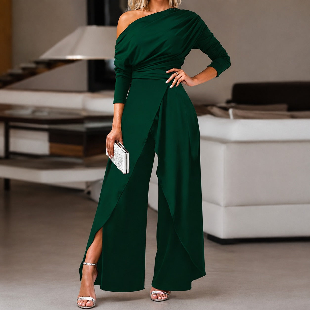 Jumpsuit Florise™ with Draped One-Shoulder Design and Flowing Overlay