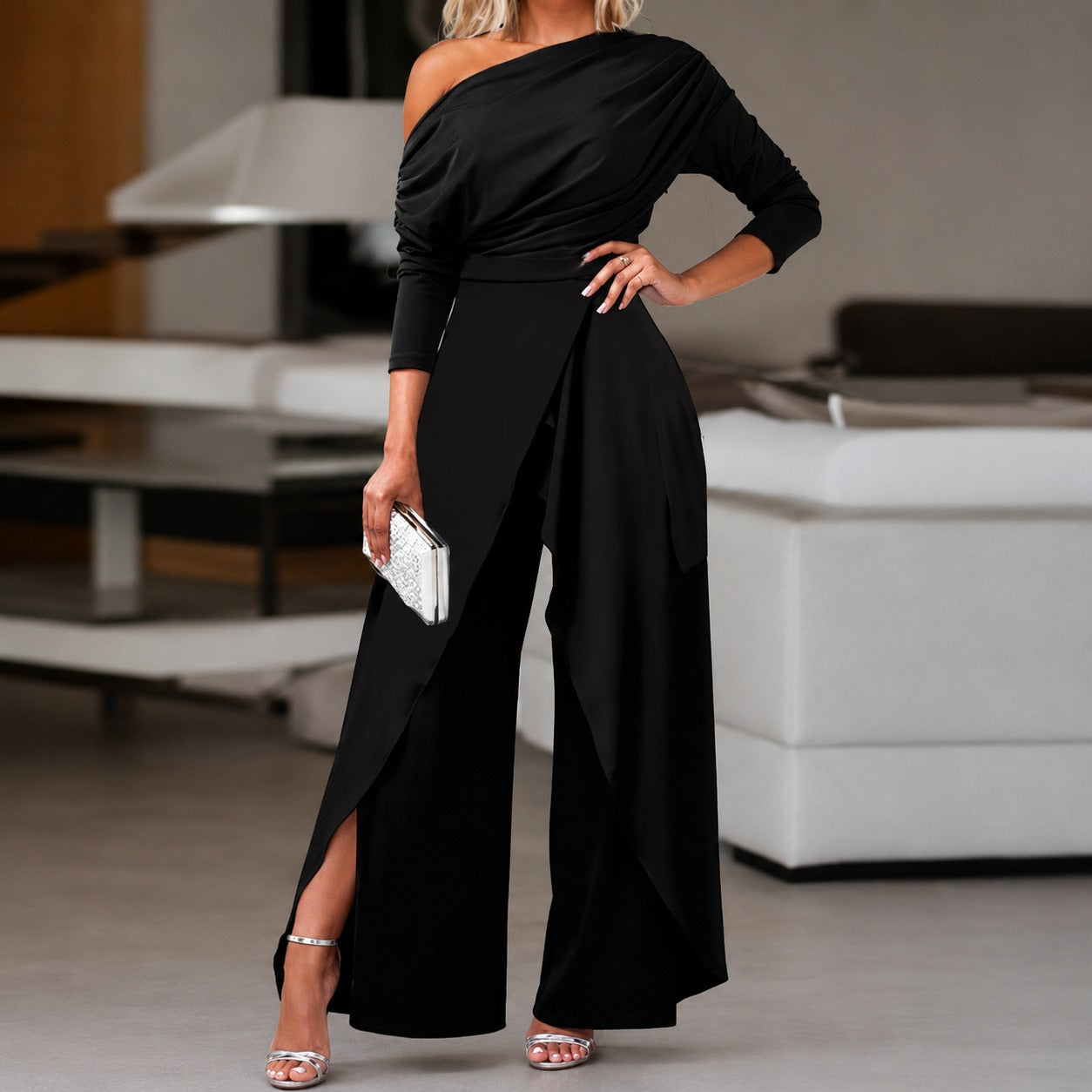 Jumpsuit Florise™ with Draped One-Shoulder Design and Flowing Overlay