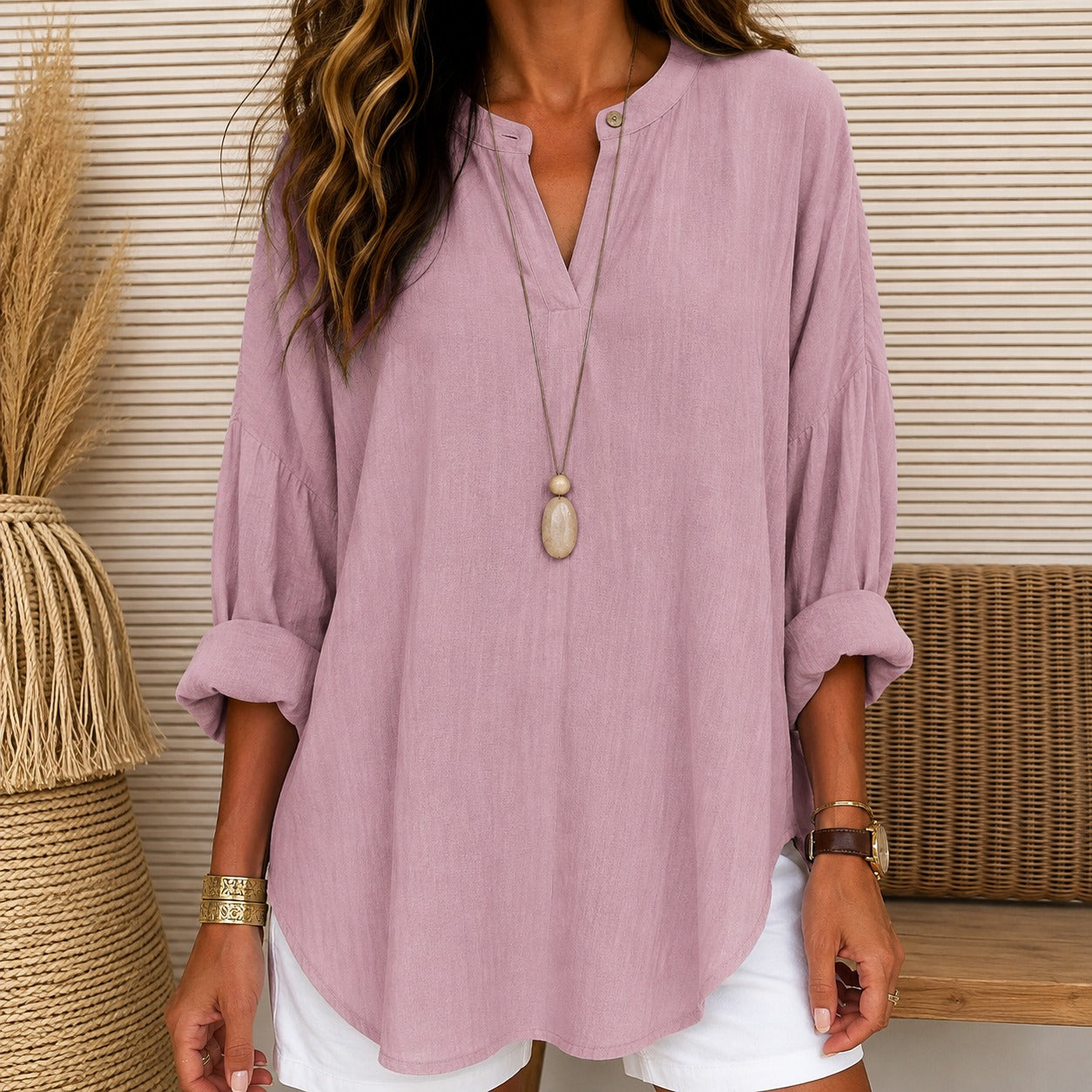 Blouse Lillian™ Cotton Linen with Split V-Neck and Relaxed Fit