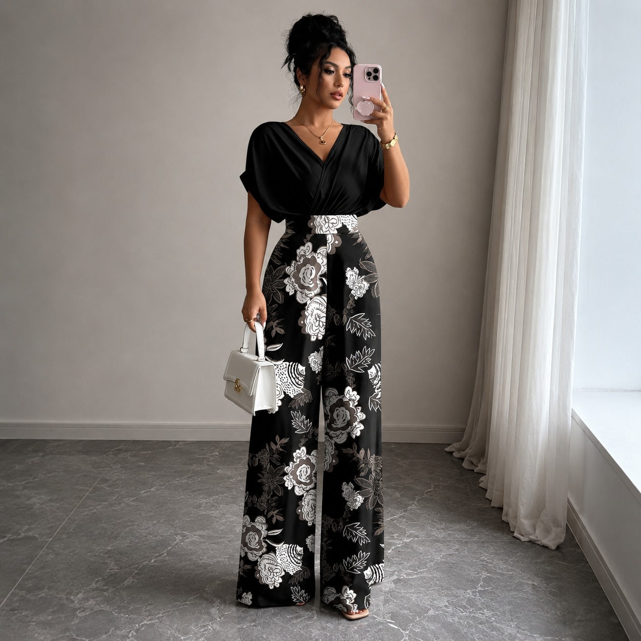 Jumpsuit Evelina™ with Draped V-Neck, Defined Waist and Wide-Leg Fit