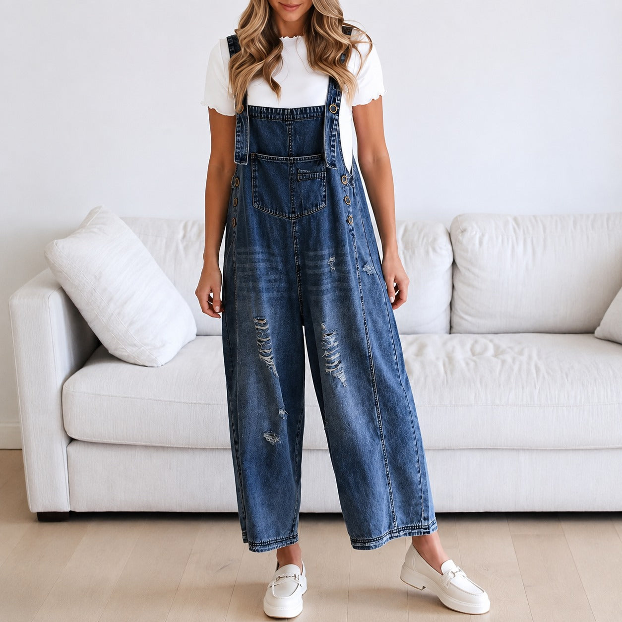 Overalls Sarah™ with Wide-Leg Fit and Distressed Denim