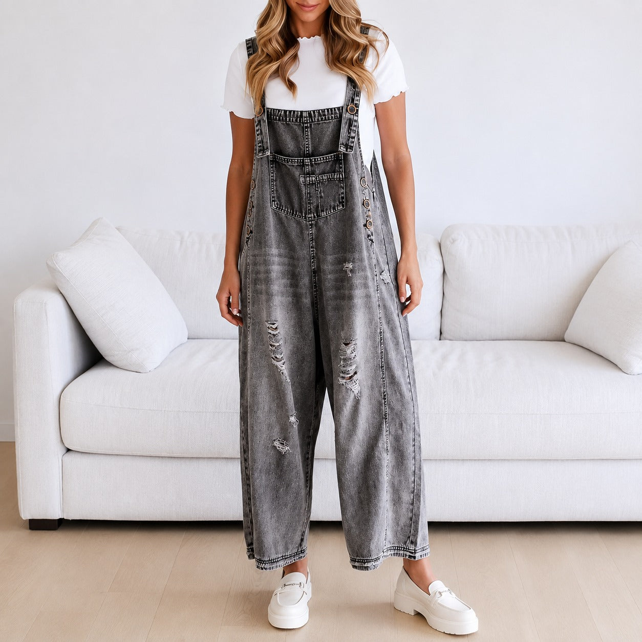 Overalls Sarah™ with Wide-Leg Fit and Distressed Denim