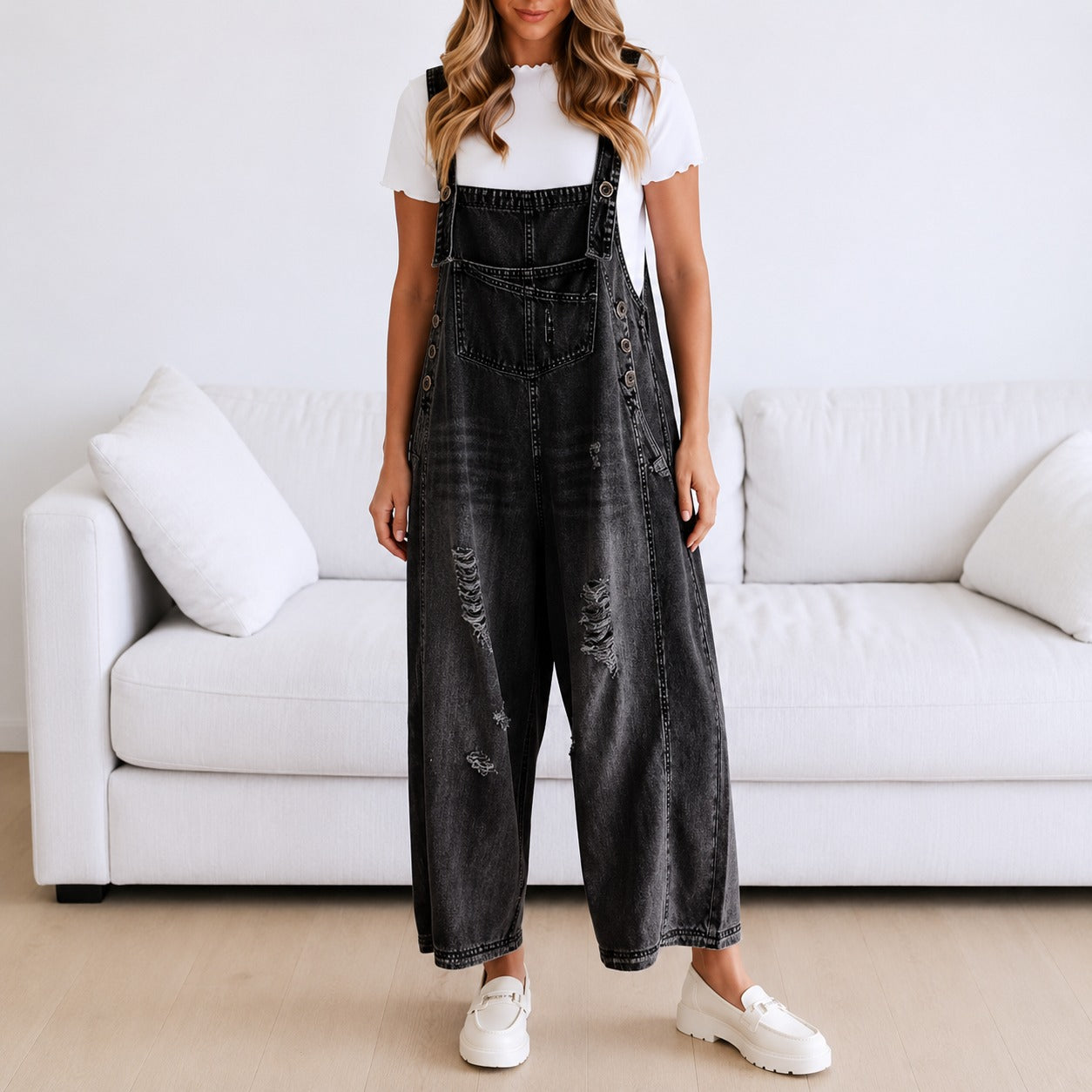 Overalls Sarah™ with Wide-Leg Fit and Distressed Denim