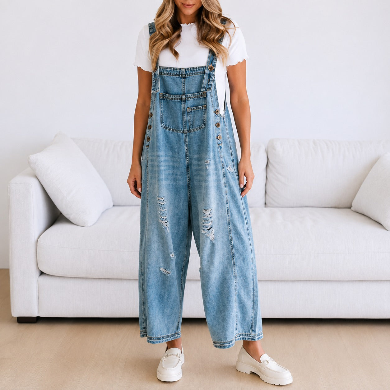 Overalls Sarah™ with Wide-Leg Fit and Distressed Denim