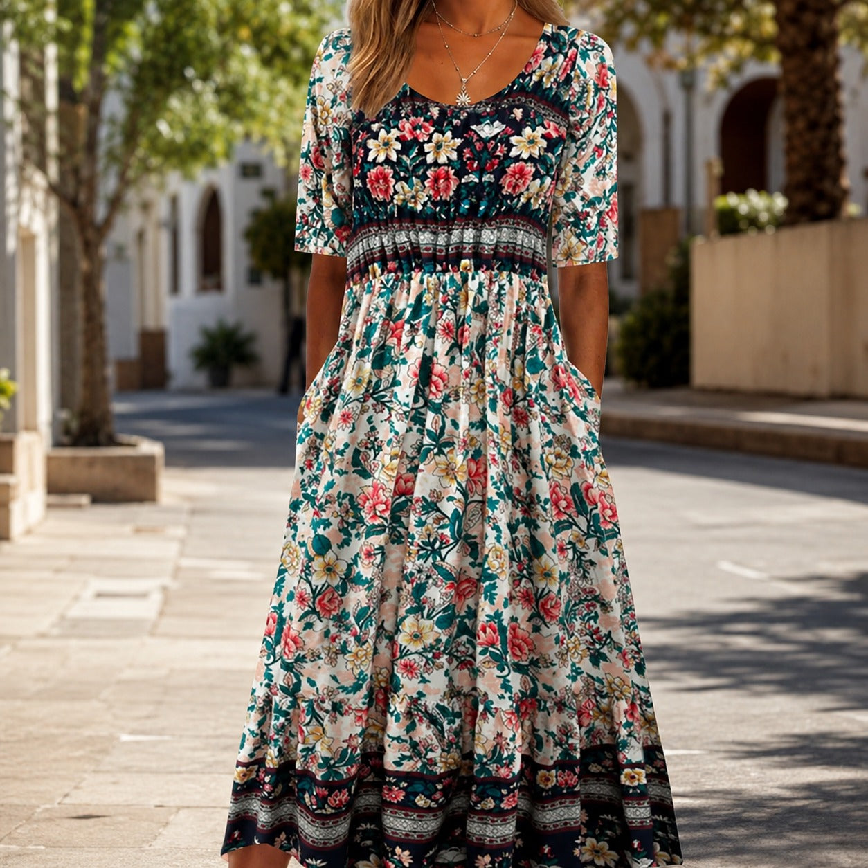 Dress Avignon™ with Mixed Floral Prints and Flowy Maxi Skirt