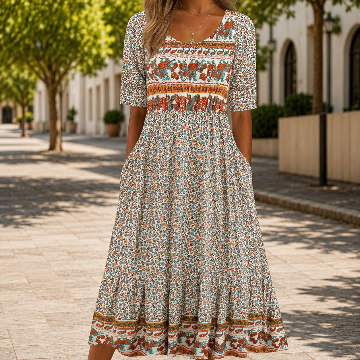 Dress Avignon™ with Mixed Floral Prints and Flowy Maxi Skirt
