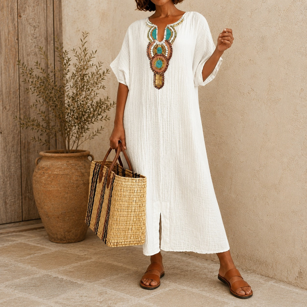 Amarena™ Dress with Vintage Mediterranean Design, Structured Neckline and Hem Slit